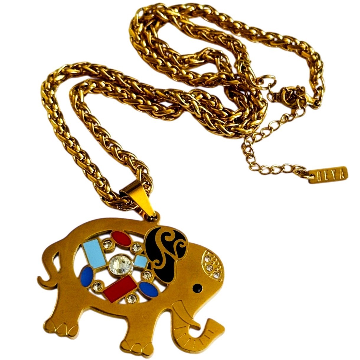 Beya Elephant Stainless Steel Good Luck Necklace Gold Chain Mosaic Designer 18